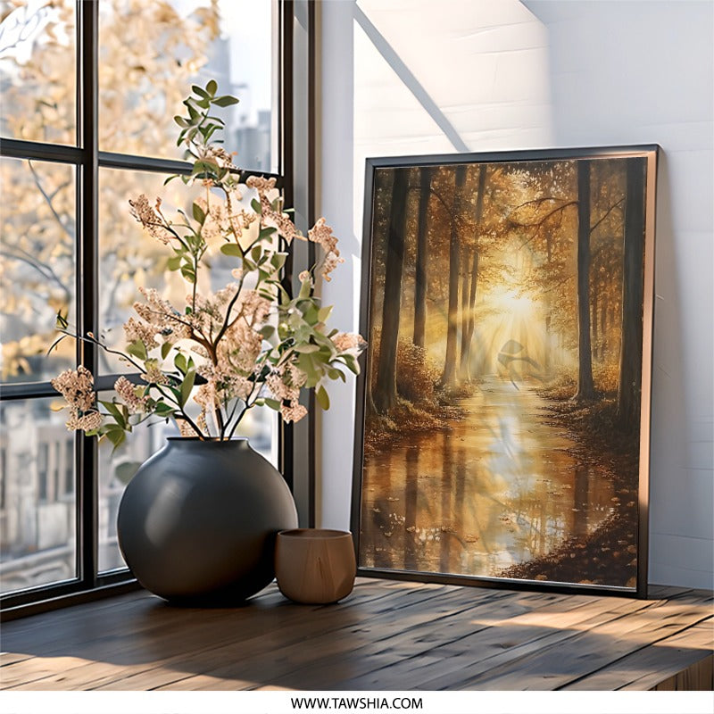 Golden Forest Wall Art, Autumn Landscape Print, Sunlight Through Trees, Nature Photography, Scenic Wall Decor - Tawshia