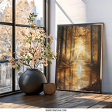 Golden Forest Wall Art, Autumn Landscape Print, Sunlight Through Trees, Nature Photography, Scenic Wall Decor - Tawshia