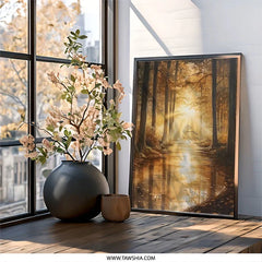 Golden Forest Wall Art, Autumn Landscape Print, Sunlight Through Trees, Nature Photography, Scenic Wall Decor - Tawshia