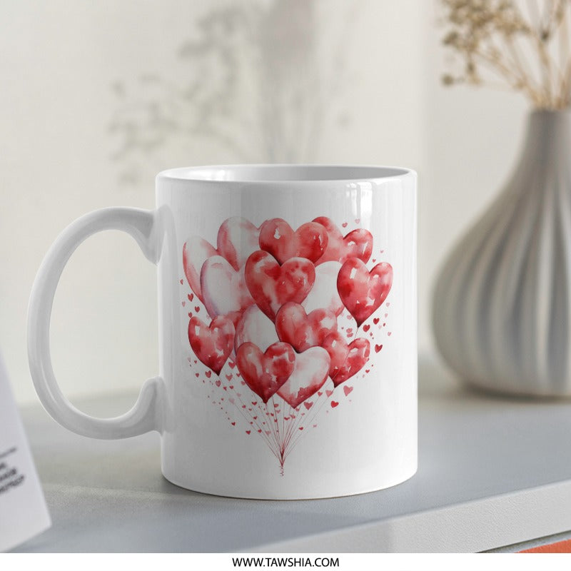 Heart Balloons Mug, Valentine's Mug, Romantic Gift Mug, Love Heart Mug, Anniversary Mug, Heart Mug, Gift For Her, Gift For Him - Tawshia