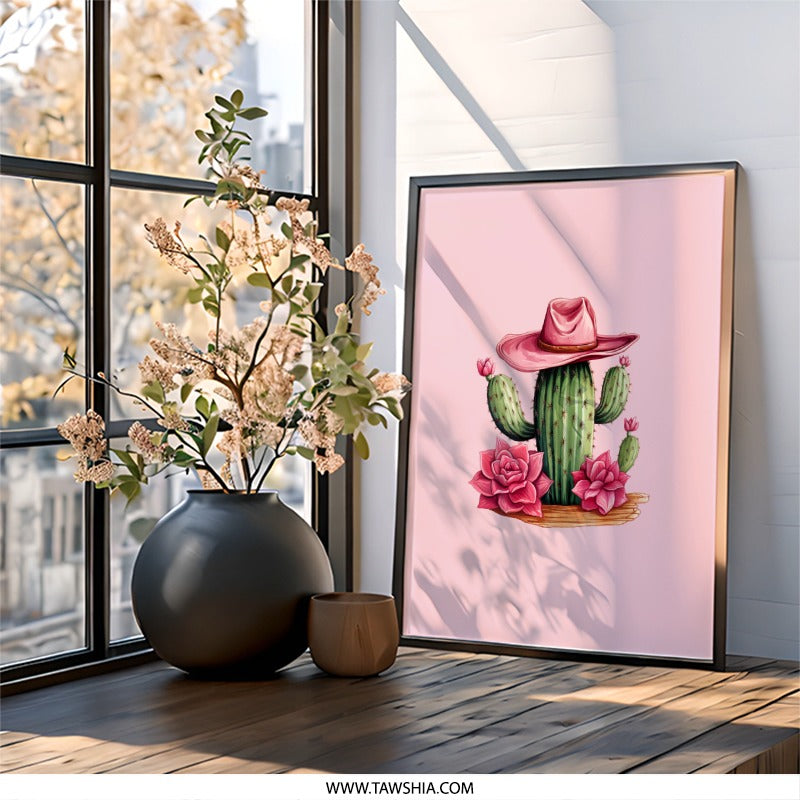 Pink Cowboy Cactus Wall Art, Western Decor, Desert Wall Art, Cute Cactus Print, Southwest Art, Framed Art Print - Tawshia
