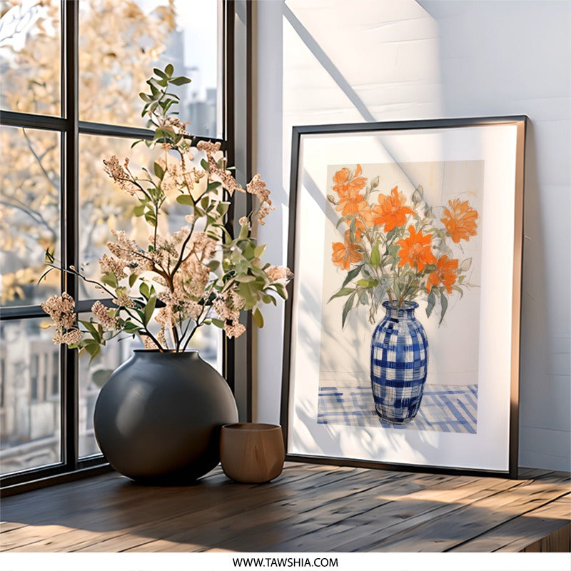 Orange Flowers Wall Art, Floral Still Life Print, Vase and Tablecloth Decor, Kitchen Wall Decor, Botanical Art Print - Tawshia
