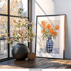 Orange Flowers Wall Art, Floral Still Life Print, Vase and Tablecloth Decor, Kitchen Wall Decor, Botanical Art Print - Tawshia