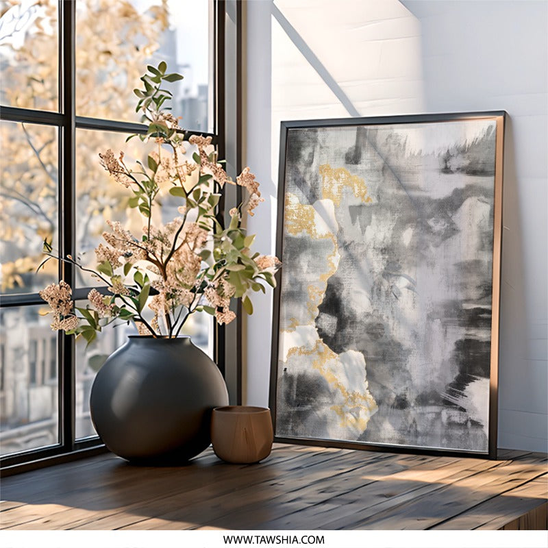 Abstract Gold Wall Art, Gray Painting Print, Modern Home Decor, Minimalist Art, Contemporary Wall Art, Elegant Artwork, Framed Wall Art - Tawshia