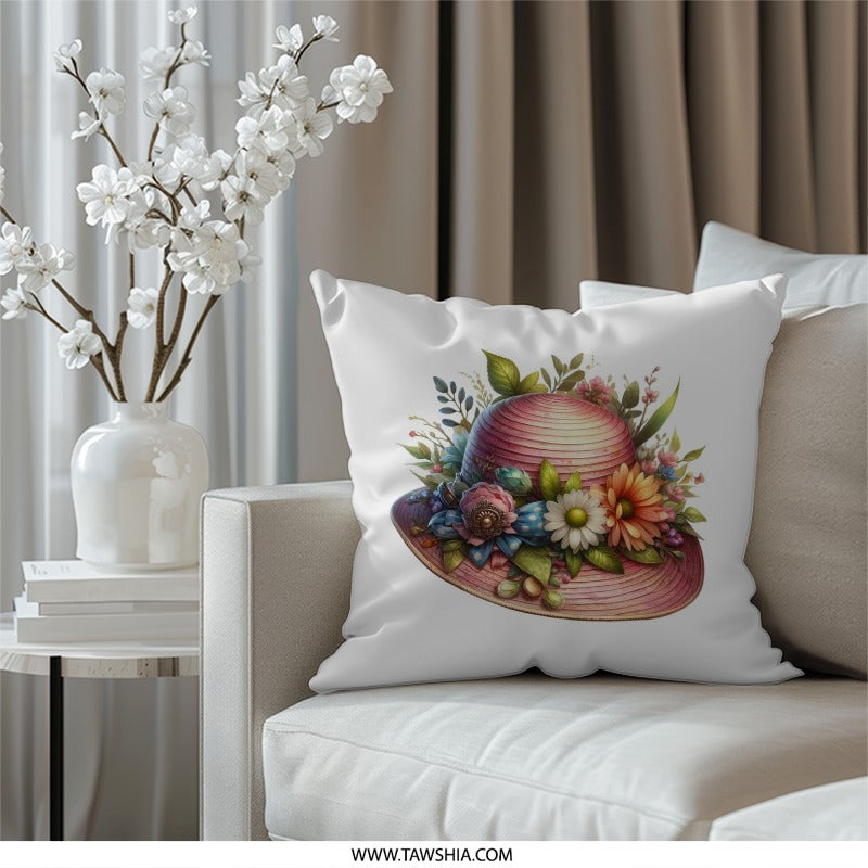 Floral Hat Pillow, Decorative Throw Pillow, Elegant Flower Pillow, Botanical Art Print, Whimsical Home Decor, Unique Gift Idea - Tawshia