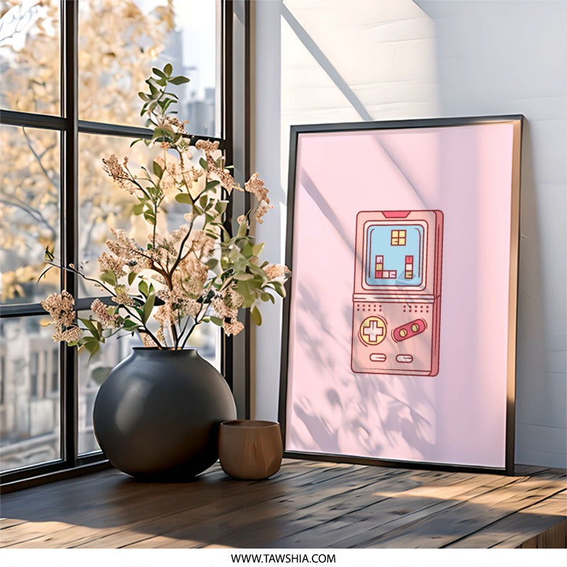 Retro Gaming Wall Art, Classic Handheld Console Print, Pink Tetris Game Poster, 80s Nostalgia Decor, Gamer Gift, Cute Kawaii Art - Tawshia