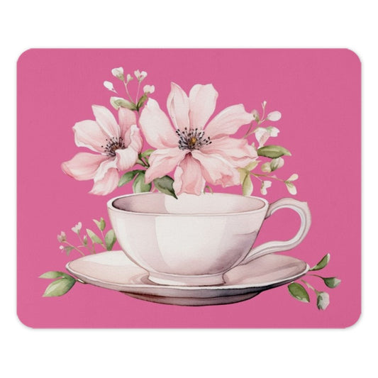 Floral Mouse Pad, Pink Flowers, Tea Cup Design, Computer Accessory, Desk Decor, Cute Mousepad, Gift Idea, Stylish Mousepad (131) - Tawshia