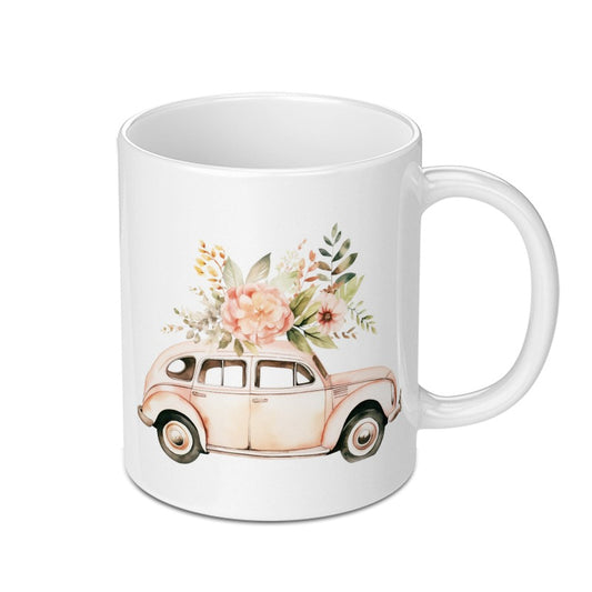 Floral Car Mug, Vintage Vehicle, Flower Bouquet, Cute Mug, Retro Car Art, Coffee Mug, Tea Cup, Gift Idea - Tawshia