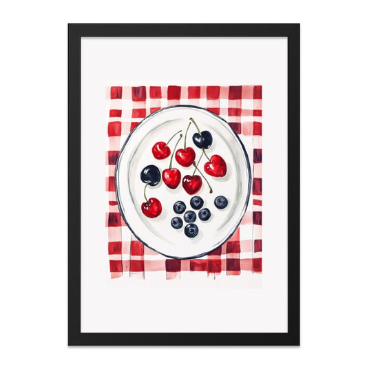 Cherry Blueberry Wall Art, Kitchen Wall Decor, Fruit Still Life, Red Plaid Print, Summer Wall Art, Home Decor, Modern Wall Decor - Tawshia