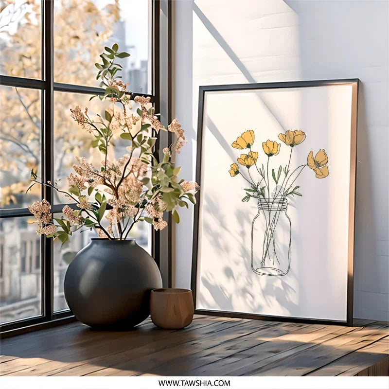 Yellow Floral Wall Art, Minimalist Flower Print, Mason Jar Artwork, Botanical Home Decor, Modern Floral Illustration - Tawshia