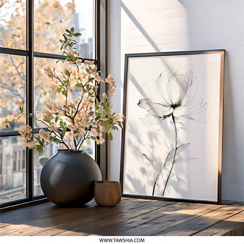 Elegant Floral Wall Art, Black and White Flower Print, Modern Botanical Art, Minimalist Home Decor, Stylish Floral Drawing - Tawshia
