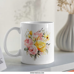 Floral Mug, Watercolor Roses, Flower Mug, Gift for Her, Cute Coffee Mug, Tea Mug, Aesthetic Mug, Floral Lover Gift, Pink Yellow Rose Mug - Tawshia