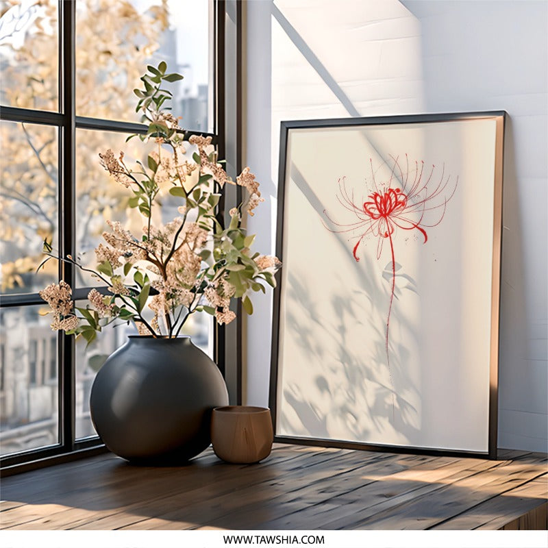 Red Spider Lily Wall Art, Floral Print, Botanical Art, Japanese Flower Art, Elegant Wall Decor, Modern Art Print, Floral Wall Art - Tawshia