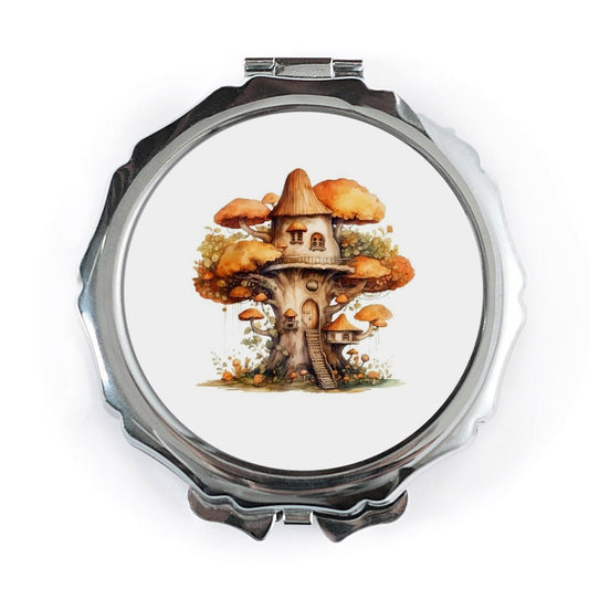 Mushroom Tree House Pocket Mirror, Fantasy Art, Cute Compact Mirror, Gift for Her, Unique Travel Mirror, Whimsical Pocket Mirror - Tawshia