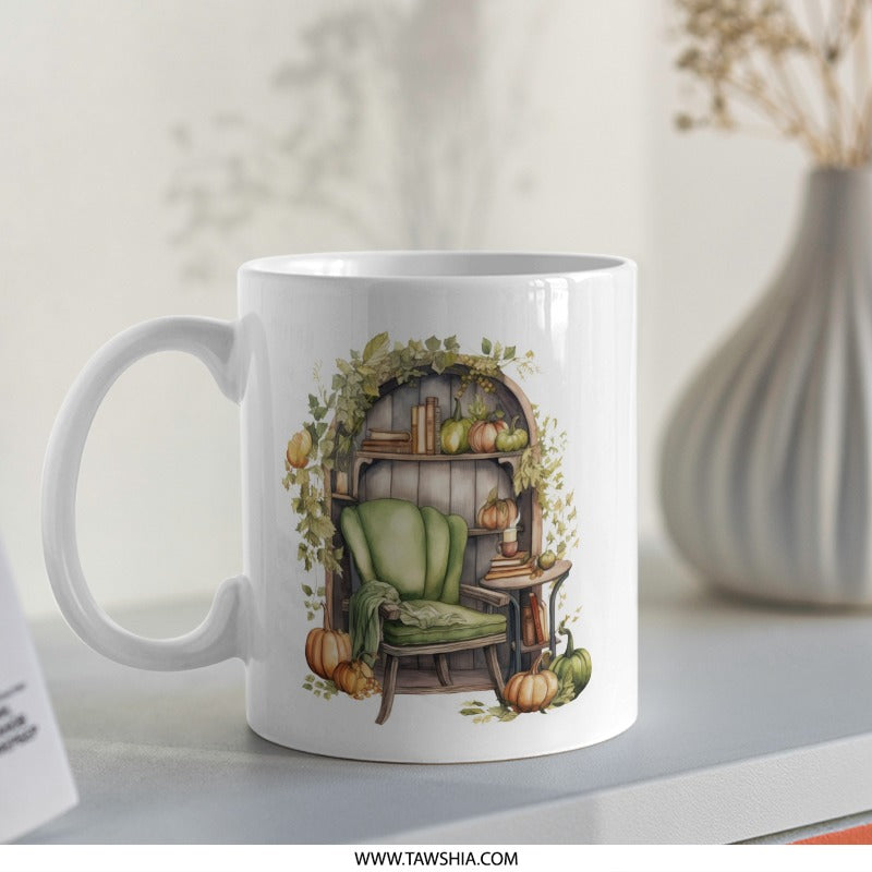 Autumn Cozy Chair Mug, Fall Decor Mug, Pumpkin Decor Mug, Cozy Fall Mug, Book Lover Mug, Home Decor Mug, Reading Nook Mug, Gift Mug - Tawshia