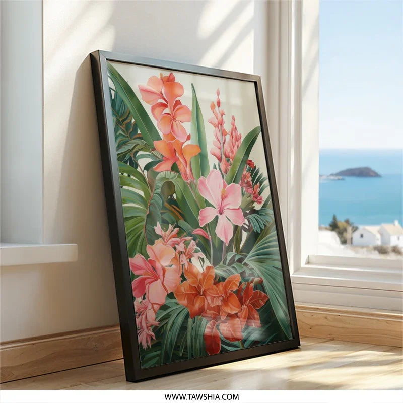 Tropical Floral Wall Art, Exotic Flower Print, Botanical Home Decor, Vibrant Hibiscus, Orange Canna Lily, Nature Inspired Artwork - Tawshia