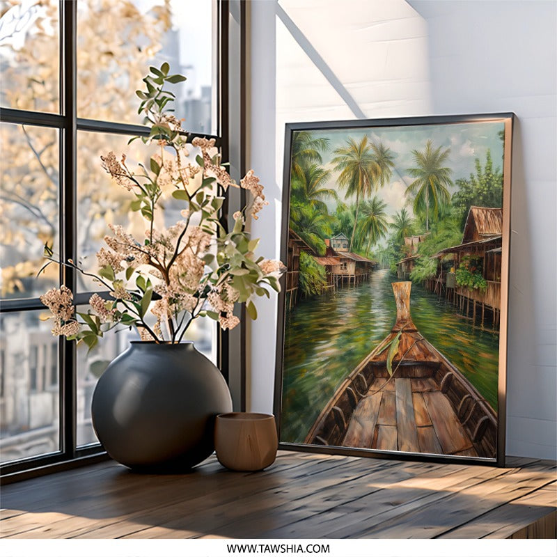 Thai River Wall Art, Longtail Boat Print, Thailand Art, Tropical Landscape, Exotic Travel Decor, Southeast Asia Wall Decor, River Life - Tawshia