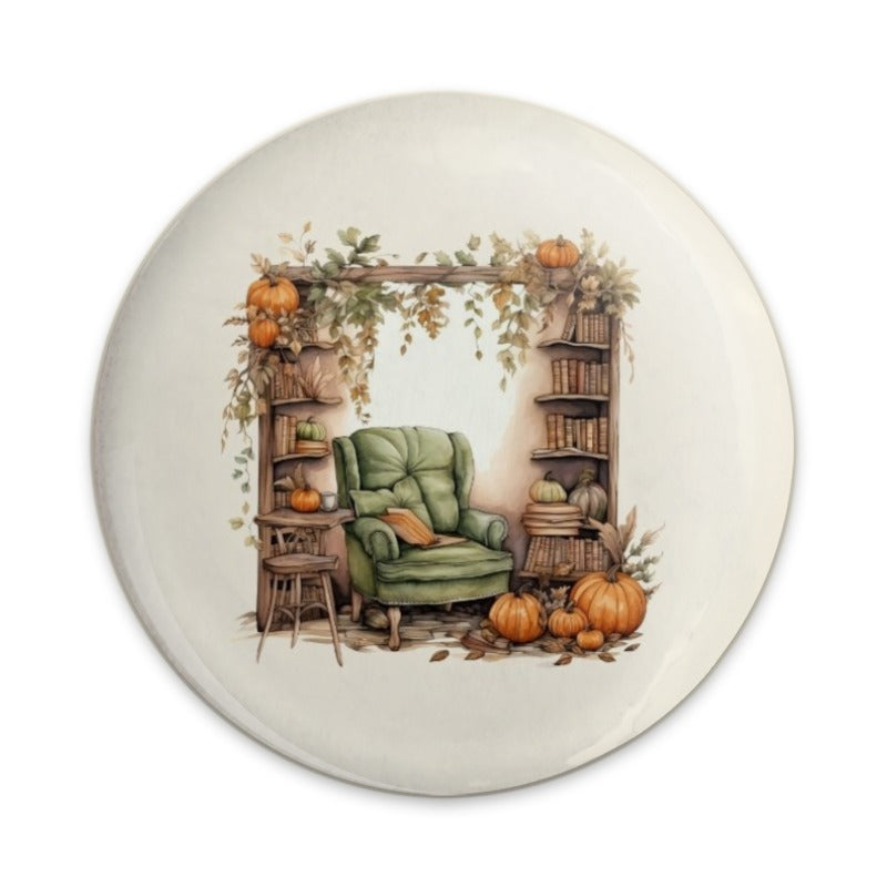 Autumn Reading Nook Pinback Button, Cozy Fall Bookshelf Button, Pumpkin Patch Pin, Literary Gift Idea, Book Lover Accessories - Tawshia
