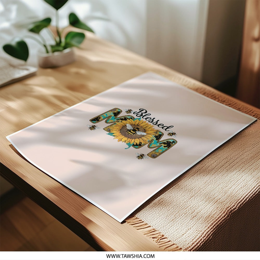 Blessed Mom Photographic Prints, Sunflower Photo Print, Mother's Day Wall Art, Bee Decor, Inspirational Mom Gift - Tawshia