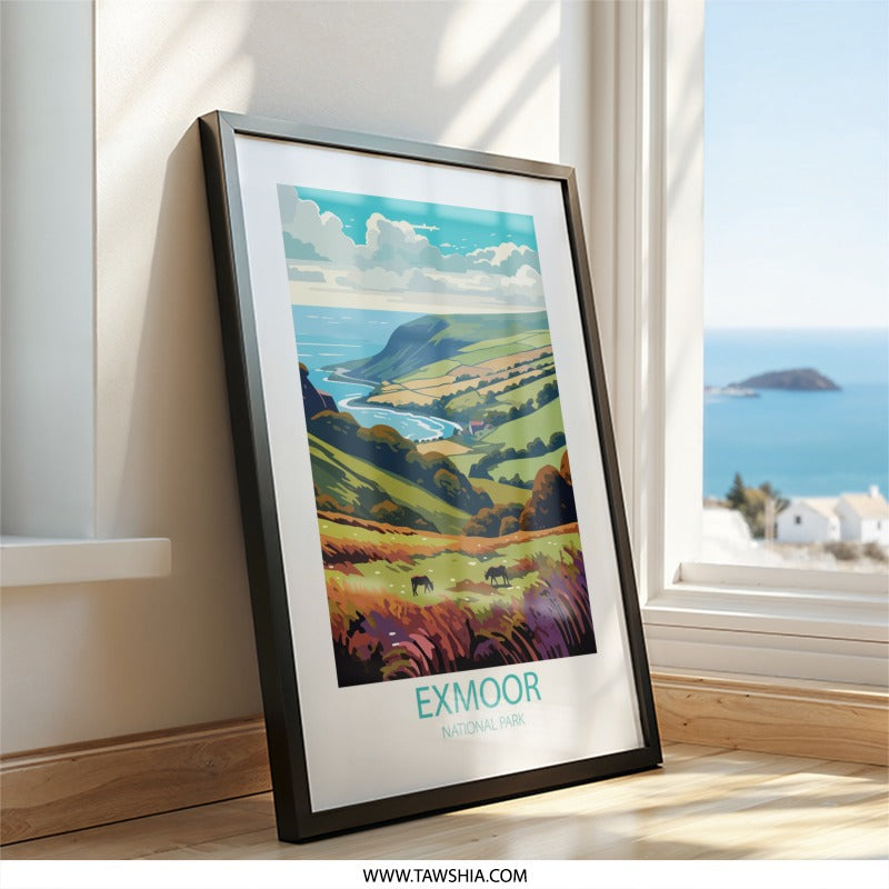 Exmoor National Park Wall Art, Coastal Landscape Print, UK Travel Poster, National Parks Art, Landscape Illustration, Modern Art Print - Tawshia