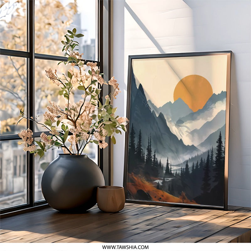 Mountain Sunset Wall Art, Landscape Art Print, Nature Scenery Poster, Serene Sunrise Decor, Minimalist Mountain Art, Living Room Wall Decor - Tawshia