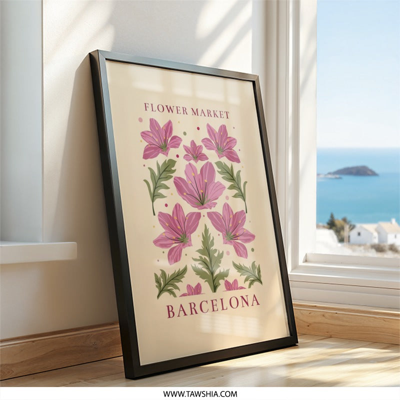 Flower Market Barcelona Wall Art, Floral Print, Botanical Illustration, City Souvenir, Home Decor, Modern Art Print (131 characters) - Tawshia