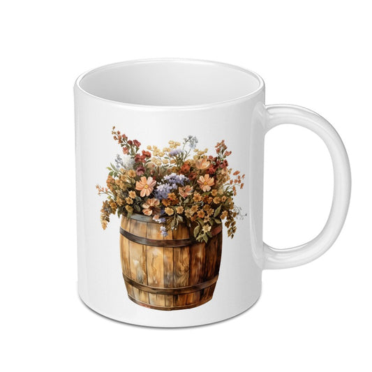 Floral Barrel Mug, Rustic Flower Design Coffee Cup, Cottagecore Kitchen Decor, Unique Gift Idea - Tawshia