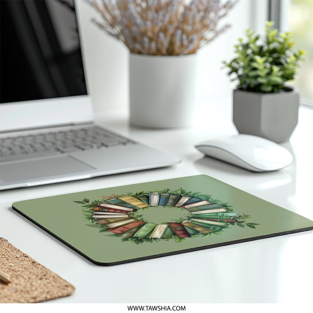 Book Wreath Mouse Pad, Reader Gift, Library Decor, Writer Desk Accessory, Book Lover Gift, Librarian Present, Books and Leaves Design - Tawshia