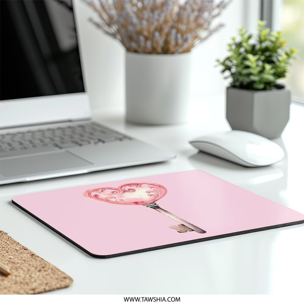 Heart Key Mouse Pad, Pink Watercolor Key, Cute Desk Accessory, Unique Computer Mat, Gift for Her, Valentines Day Gift - Tawshia