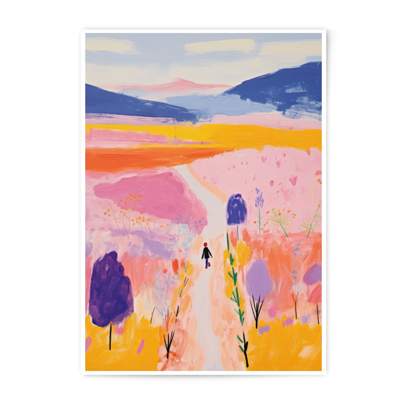 Pink Meadow Photographic Print, Landscape Art Print, Colorful Wall Decor, Person Walking, Mountain View Print - Tawshia
