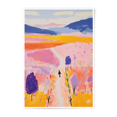 Pink Meadow Photographic Print, Landscape Art Print, Colorful Wall Decor, Person Walking, Mountain View Print - Tawshia