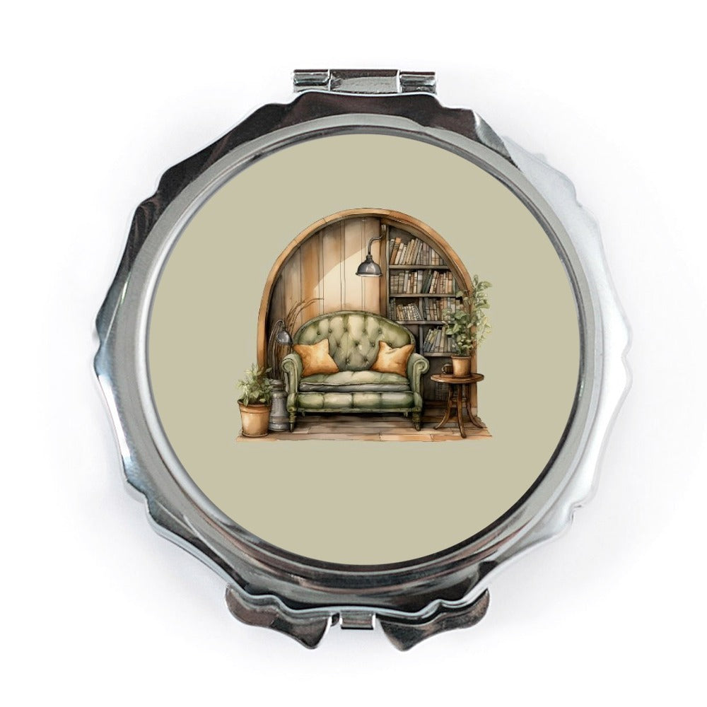 Cozy Library Pocket Mirror, Book Lover Gift, Home Decor Art, Aesthetic Compact Mirror, Reading Nook, Literary Gift, Interior Design - Tawshia