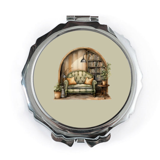 Cozy Library Pocket Mirror, Book Lover Gift, Home Decor Art, Aesthetic Compact Mirror, Reading Nook, Literary Gift, Interior Design - Tawshia