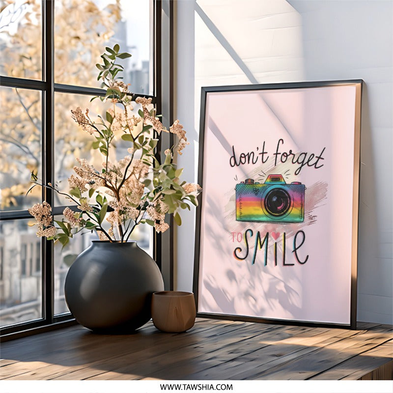 Dont Forget to Smile Framed Wall Art, Camera Rainbow Art, Inspirational Quote Art, Positive Affirmation Decor, Photography Gift - Tawshia