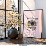 Dont Forget to Smile Framed Wall Art, Camera Rainbow Art, Inspirational Quote Art, Positive Affirmation Decor, Photography Gift - Tawshia