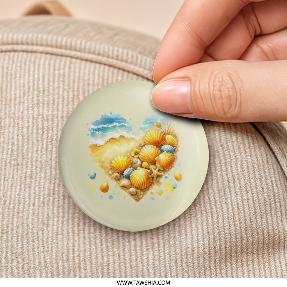 Seashell Heart Pinback Button, Beach Vibes, Summer Accessories, Ocean Lover Gift, Coastal Decor, Nautical Button, Tropical Getaway, Vacation - Tawshia