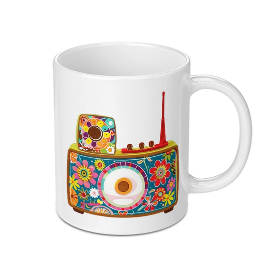 Retro Radio Mug, 70s Flower Power, Hippie Aesthetic Coffee Cup, Groovy Vintage Inspired Design, Unique Gift for Music Lovers - Tawshia