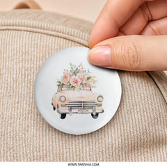 Floral Car Pinback Button, Vintage Auto Badge, Flower Power Accessory, Cute Car Button, Stylish Gift, Retro Car Lapel Pin, Trendy Pinback - Tawshia