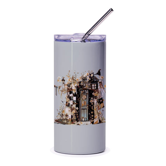 Floral House Tumbler, Whimsical Design Tumbler, Unique Drinkware, Artistic Tumbler, Gift for Her, Coffee and Tea Tumbler, Travel Mug - Tawshia