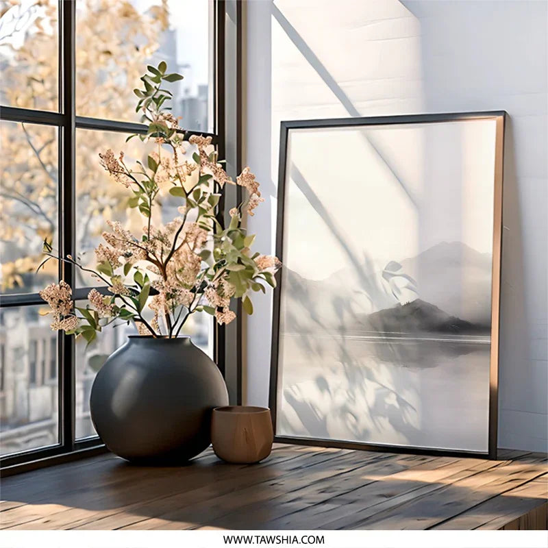 Misty Mountain Lake Wall Art, Minimalist Landscape Print, Foggy Mountain Scenery, Nature Photography, Serene Home Decor, Mountain Reflection - Tawshia