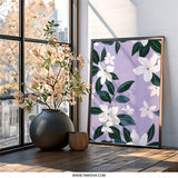 Floral Wall Art, White Flower Print, Botanical Art, Lavender Background, Modern Home Decor, Flower Art Print - Tawshia