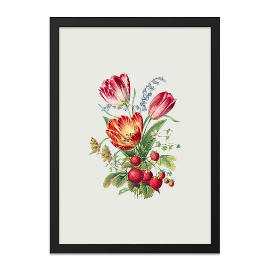 Tulip and Strawberry Wall Art, Vintage Floral Print, Botanical Artwork, Kitchen Decor, Berry Illustration, Flower Wall Decor - Tawshia