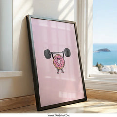Funny Donut Wall Art, Weightlifting, Gym Decor, Pink Background, Cartoon Food Art, Cute and Motivational Print - Tawshia