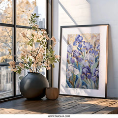 Floral Wall Art, Iris Flower Painting, Botanical Art Print, Home Decor, Purple Iris Art, Flower Garden Art, Framed Wall Art - Tawshia
