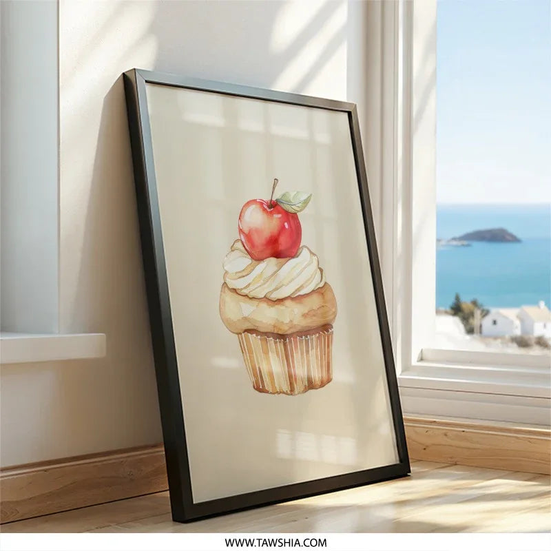 Watercolor Cupcake Wall Art, Apple Topping Print, Kitchen Decor, Food Illustration, Sweet Treat Painting, Dessert Art, Bakery Poster - Tawshia
