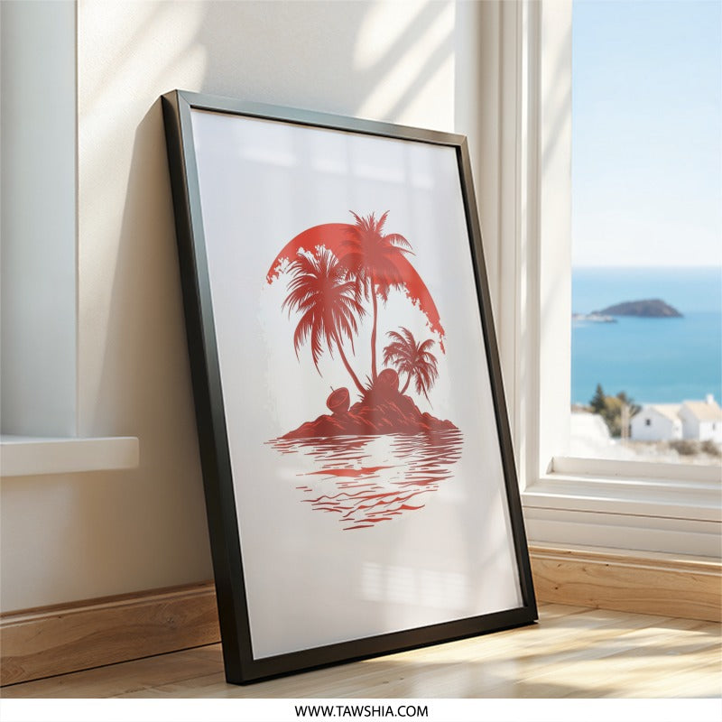 Tropical Island Wall Art, Sunset Palm Trees, Beach House Decor, Red Ocean Print, Coastal Wall Decor, Summer Vibes Wall Art, Vacation Home - Tawshia