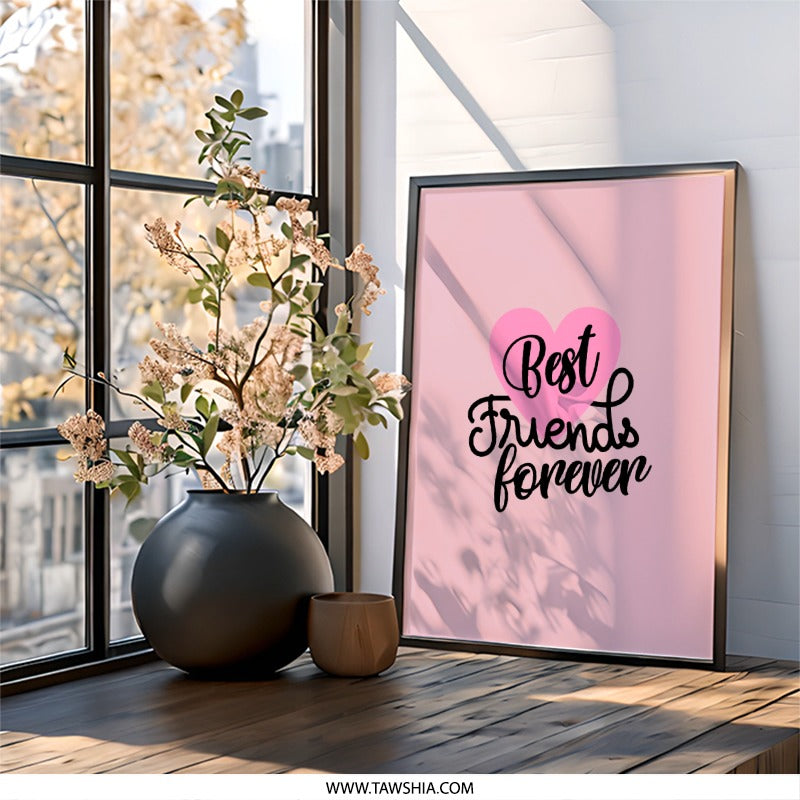 Best Friends Forever Wall Art, Friendship Gift, Pink Heart Decor, Inspirational Print, Home Decor, Room Decor, Minimalist Wall Art - Tawshia