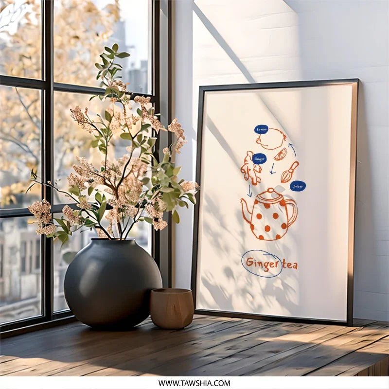 Ginger Tea Recipe Wall Art, Kitchen Decor Art, Drink Recipe Art, Lemon Ginger Art, Teapot Wall Art, Healthy Drinks Wall Art - Tawshia