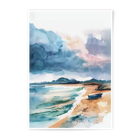 Coastal Watercolor Photographic Print, Beach Landscape Art, Calm Ocean Wall Decor, Seaside Home Art Print, Boat Photo - Tawshia