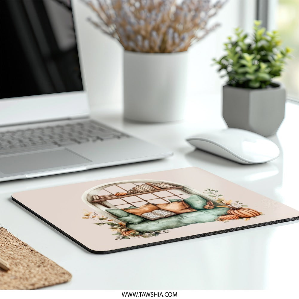 Cozy Reading Nook Mouse Pad, Pumpkin Fall Autumn Season Mousepad, Book Lover Gift, Watercolor Window Seat Desk Accessories - Tawshia